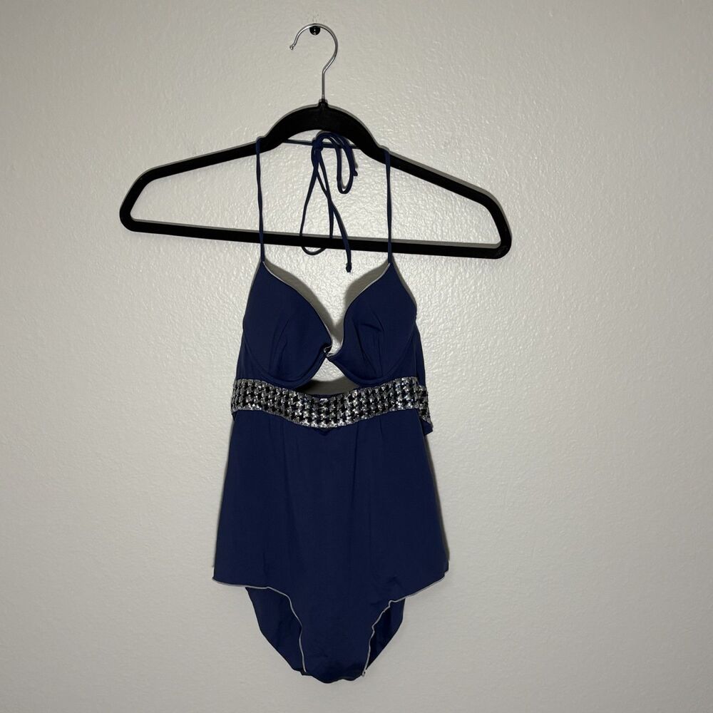 La Perla Rhinestone Padded Push Up Halter One Piece Bathing Suit 6 Blue